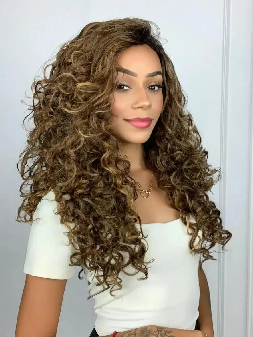 Peruca Wig Baya Cacheada Castanha Luzes 33/22