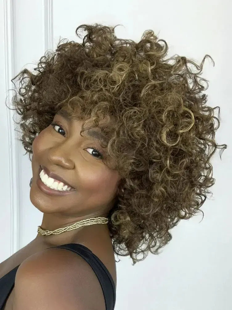 Peruca Wig Cabelo Humano Cacheada Lada Castanho com Luzes F427