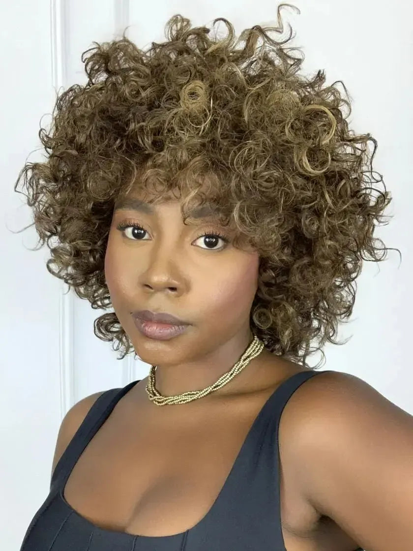 Peruca Wig Cabelo Humano Cacheada Lada Castanho com Luzes F427